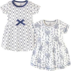 imageTouched by Nature Girls One Size Organic Cotton Short LongSleeve DressesBaby Toddler Blue Elephant Short Sleeve