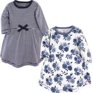 imageTouched by Nature Girls One Size Organic Cotton Short LongSleeve DressesBaby Toddler Navy Floral Long Sleeve