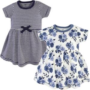 imageTouched by Nature Girls One Size Organic Cotton Short LongSleeve DressesBaby Toddler Navy Floral Short Sleeve