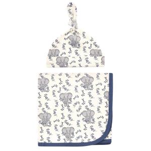 imageTouched by Nature Unisex Baby Organic Cotton Swaddle Blanket and Headband or Cap Moose One SizeBlue Elephant