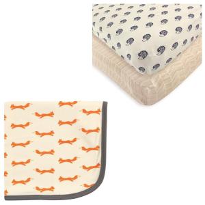 imageOrganic Cotton Fitted Crib Sheet 2Pack ampamp Cotton Swaddle BlanketHedgehogFox