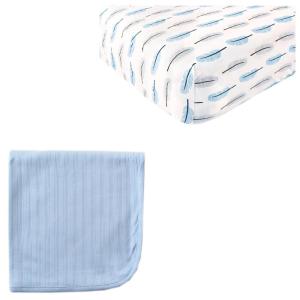 imageOrganic Cotton Fitted Crib Sheet ampamp Cotton Swaddle BlanketFeatherBlue