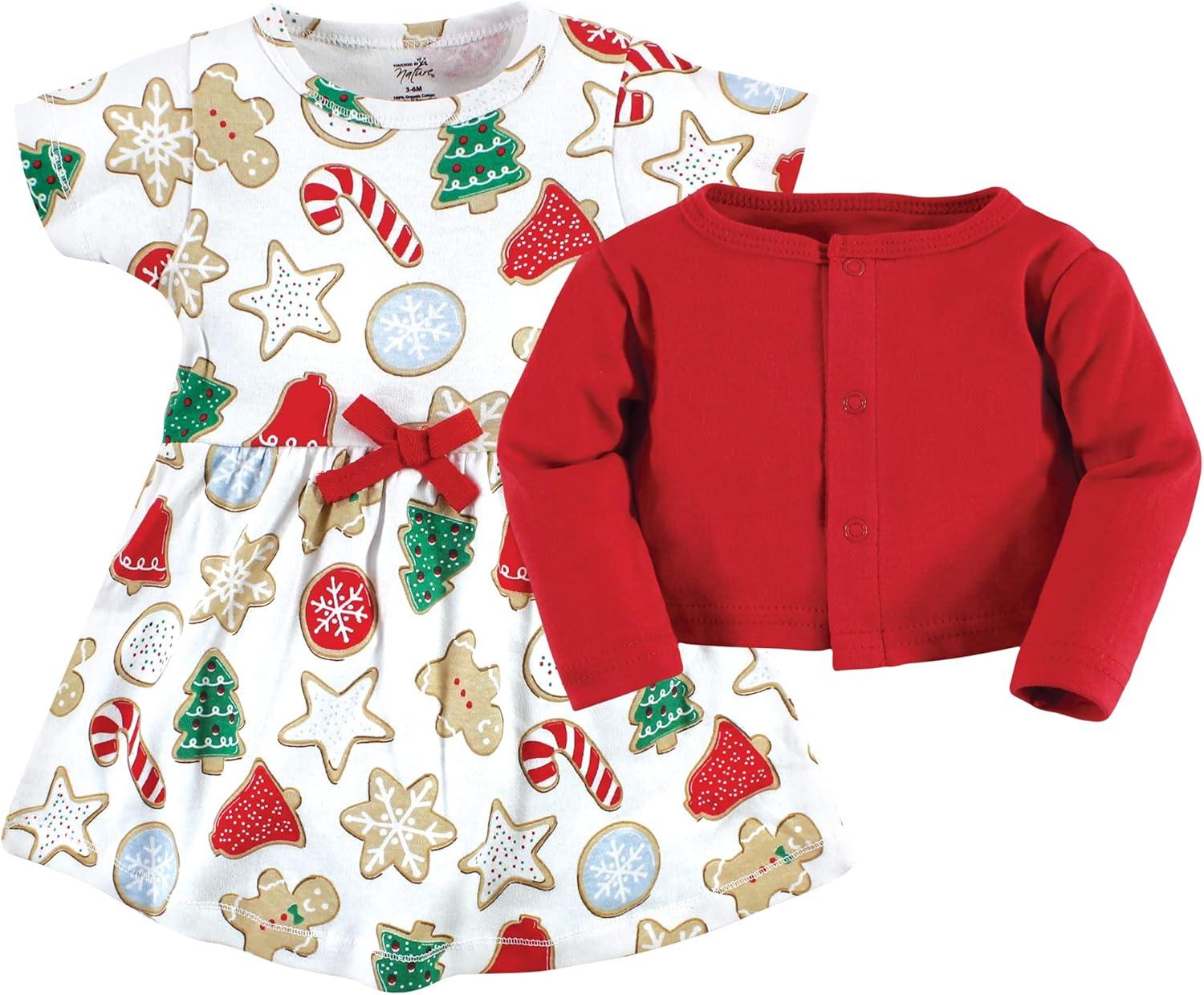 imageTouched by Nature Infant Toddler Girls Organic Cotton Dress and Cardigan Rainbows SunshineChristmas Cookies