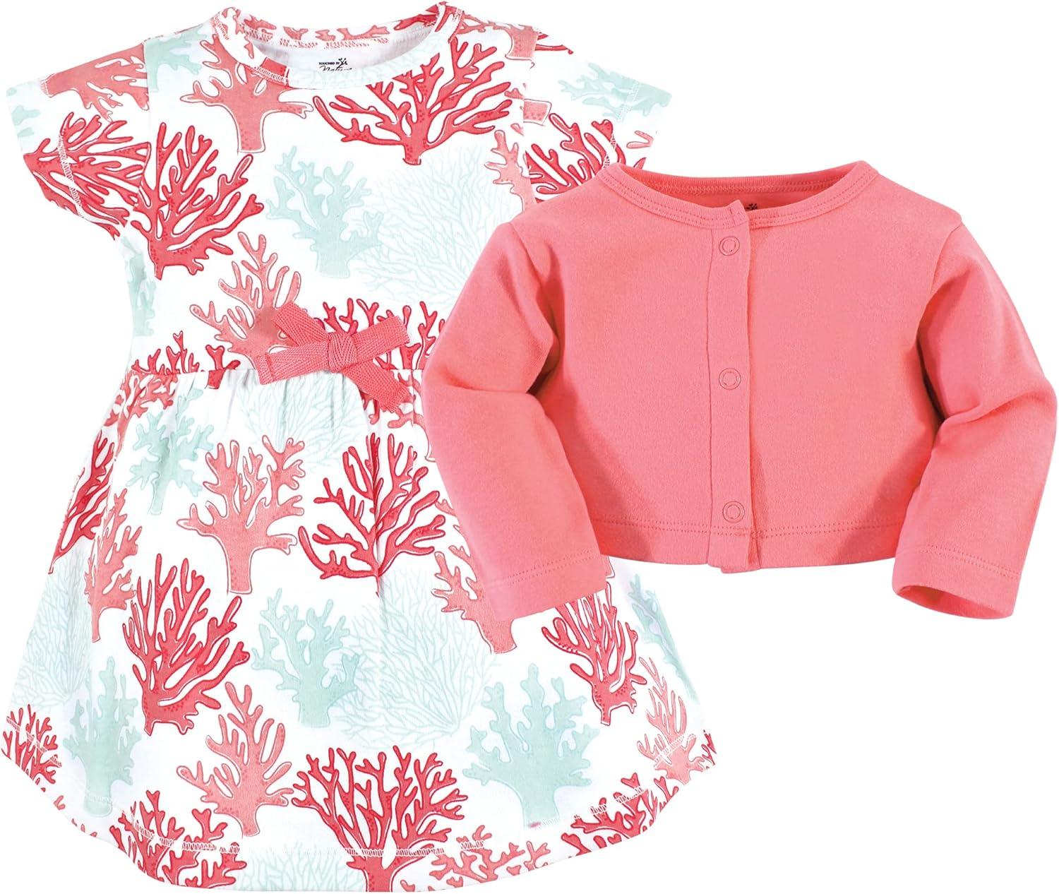 imageTouched by Nature Infant Toddler Girls Organic Cotton Dress and Cardigan Rainbows SunshineCoral Reef