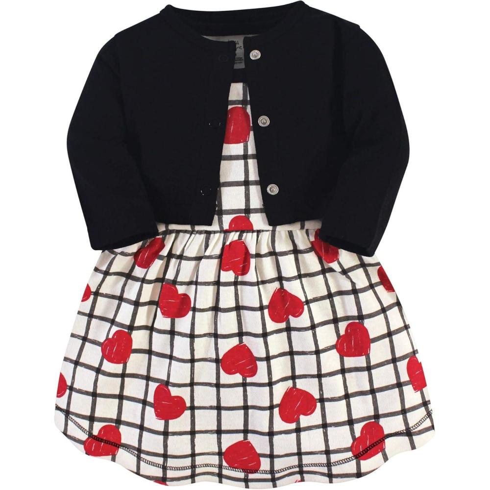 imageTouched by Nature Infant Toddler Girls Organic Cotton Dress and Cardigan Rainbows SunshineBlack Red Heart