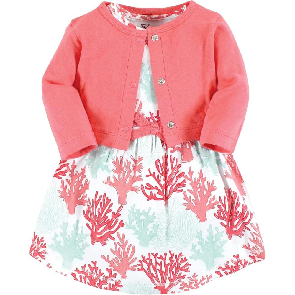 imageTouched by Nature Infant Toddler Girls Organic Cotton Dress and Cardigan Rainbows SunshineCoral Reef