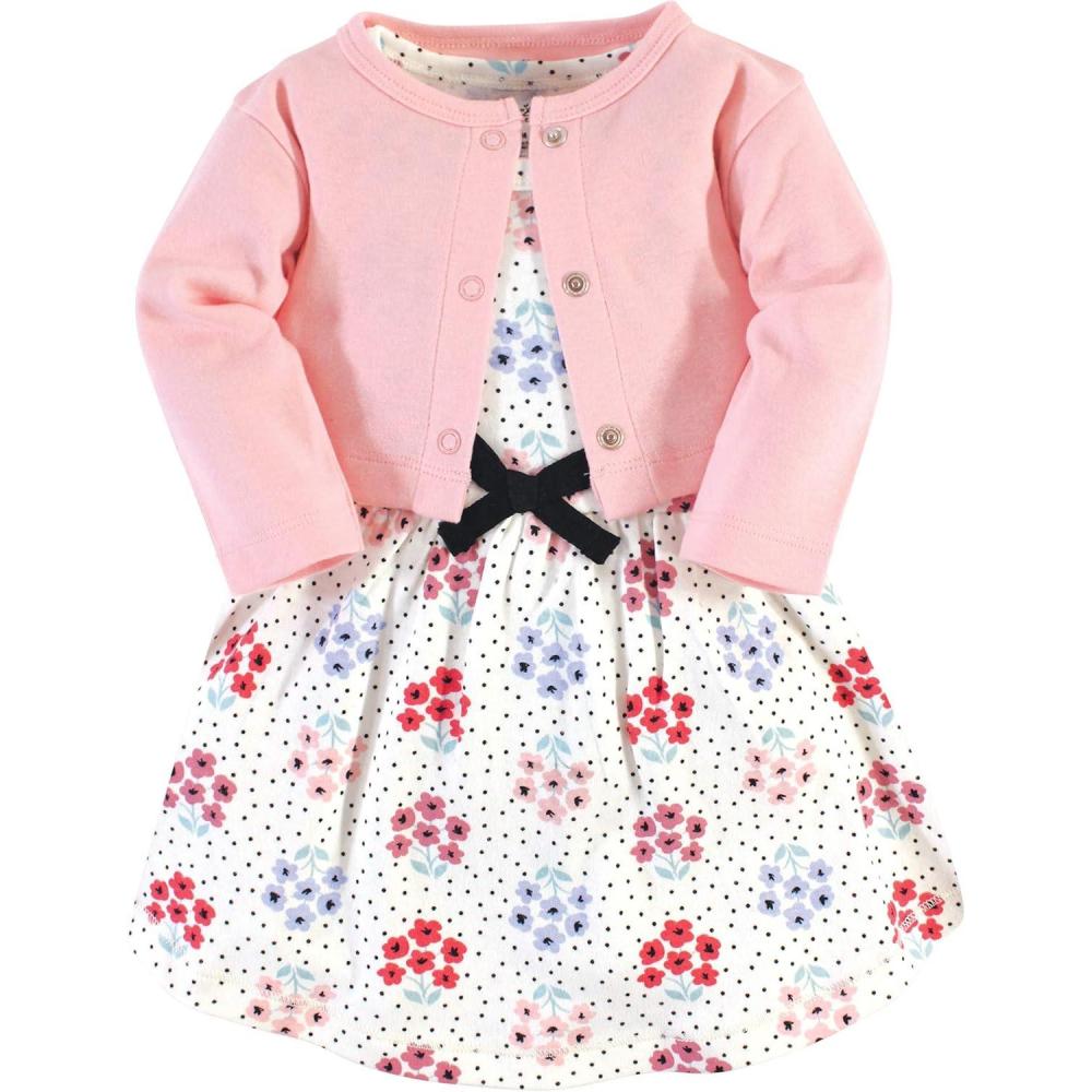 imageTouched by Nature Infant Toddler Girls Organic Cotton Dress and Cardigan Rainbows SunshineFloral Dot