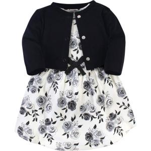 imageTouched by Nature Infant Toddler Girls Organic Cotton Dress and Cardigan Rainbows SunshineBlack Floral