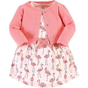 imageTouched by Nature Infant Toddler Girls Organic Cotton Dress and Cardigan Rainbows SunshinePink Flamingo