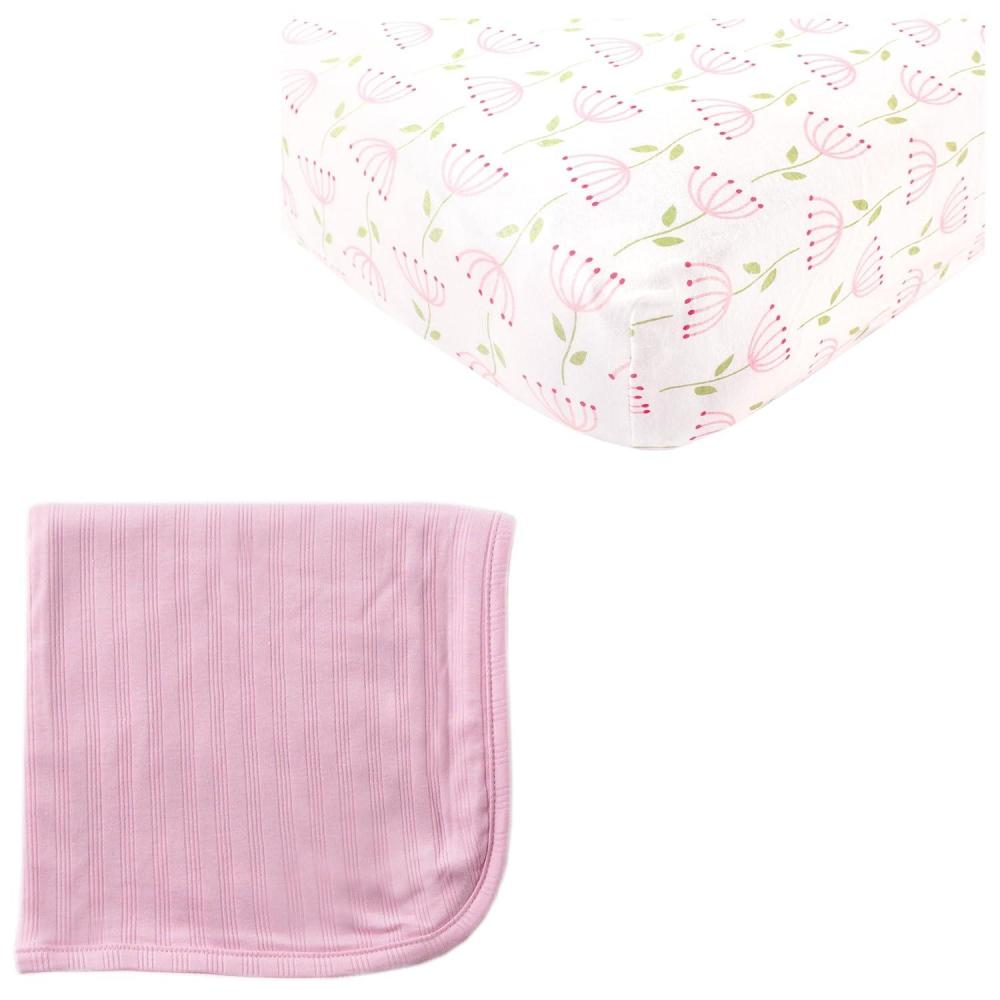 imageOrganic Cotton Fitted Crib Sheet ampamp Cotton Swaddle BlanketFlowerPink