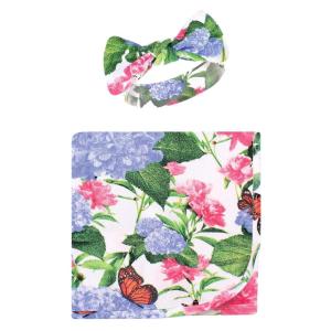 imageTouched by Nature Unisex Baby Organic Cotton Swaddle Blanket and Headband or Cap Peonies One SizeHydrangea Monarch
