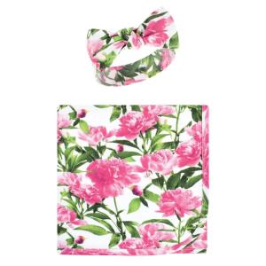 imageTouched by Nature Unisex Baby Organic Cotton Swaddle Blanket and Headband or Cap Peonies One SizePeonies